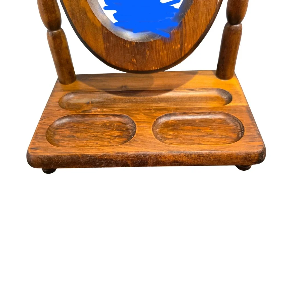Vintage Wood Oval Vanity Mirror with Jewelry Valet Tray, Tabletop Trinket Holder